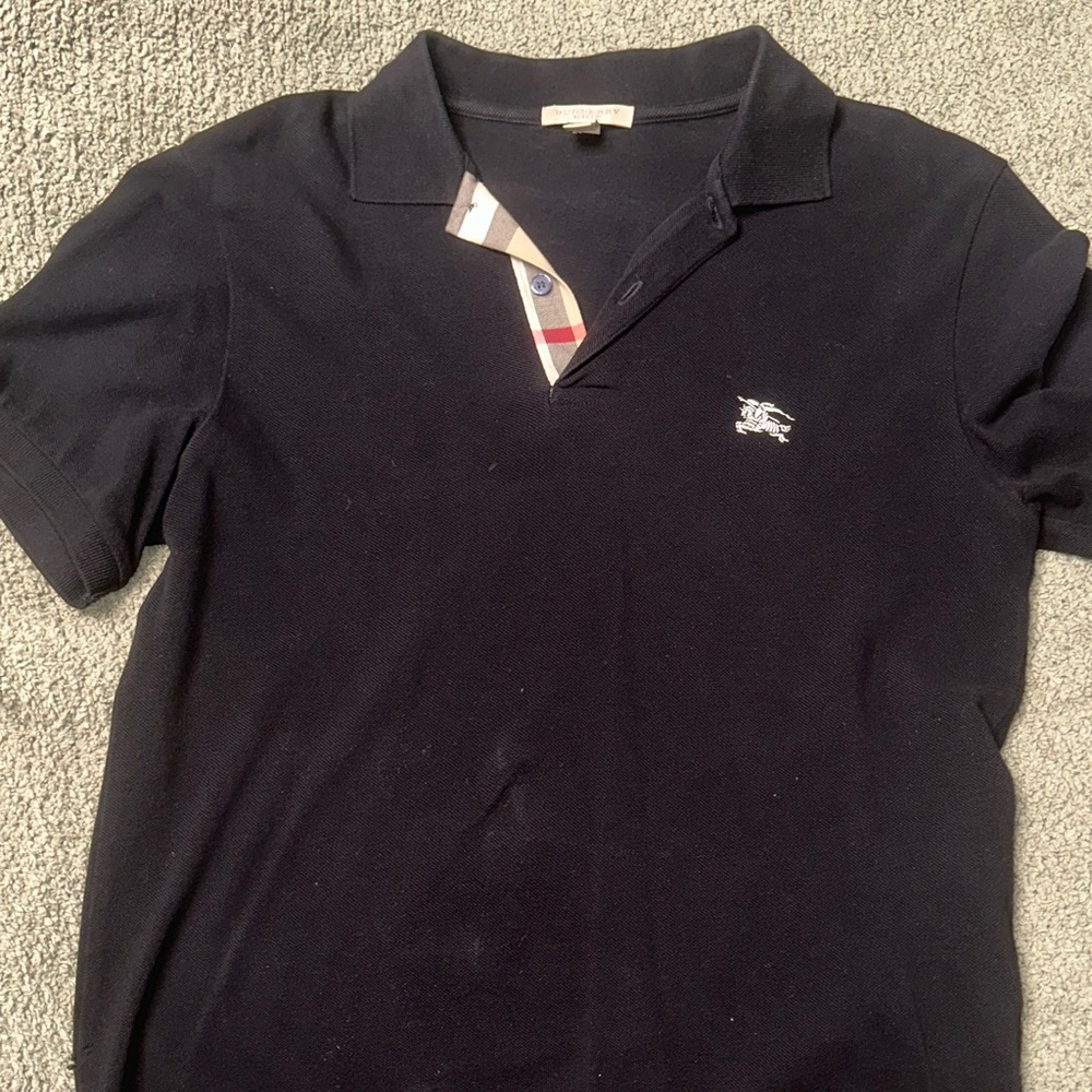 Burberry Navy Polo Shirt with Check Detail